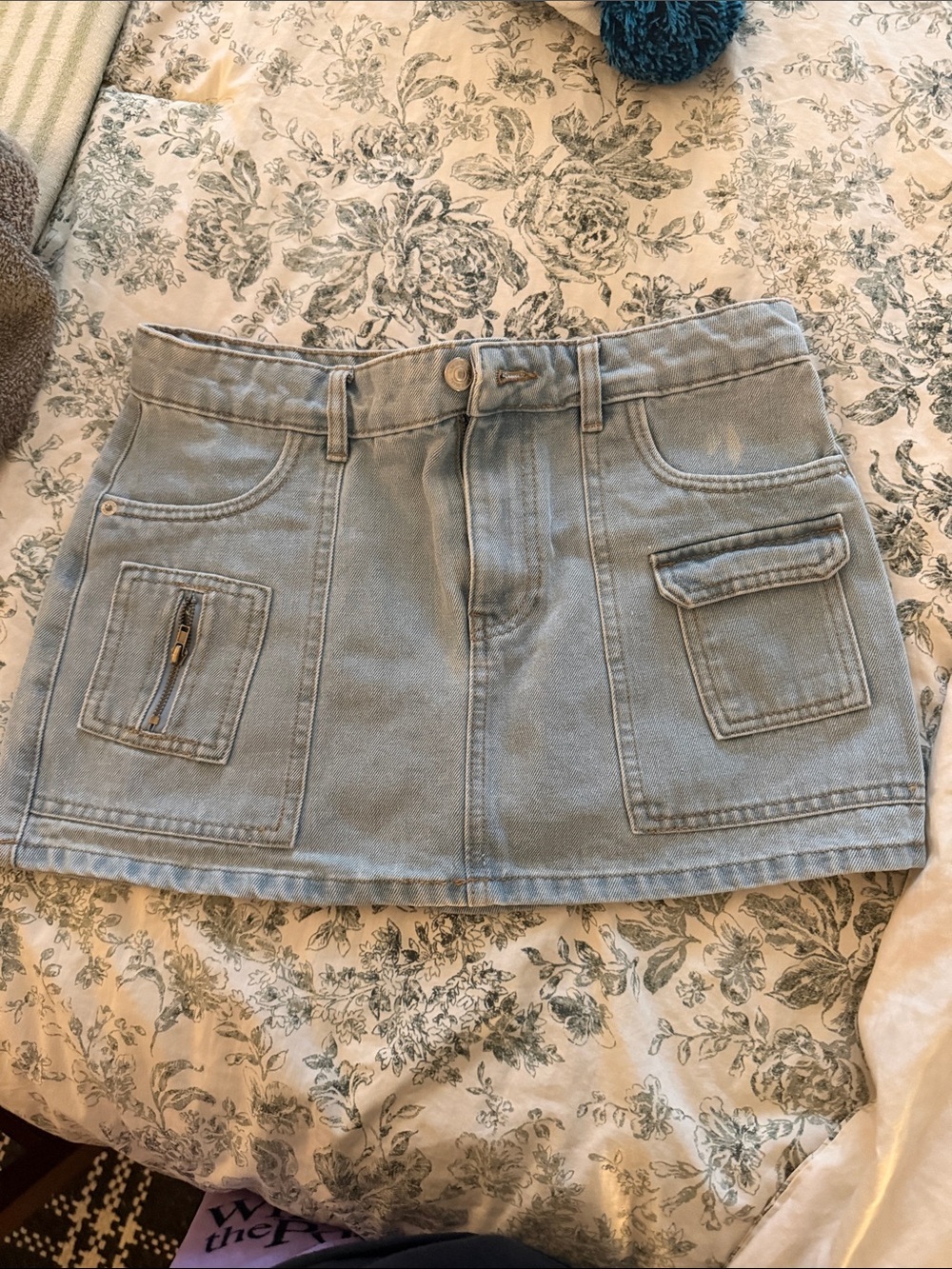 Rewash Light Blue Denim Mini Skirt with Front Patch Pockets